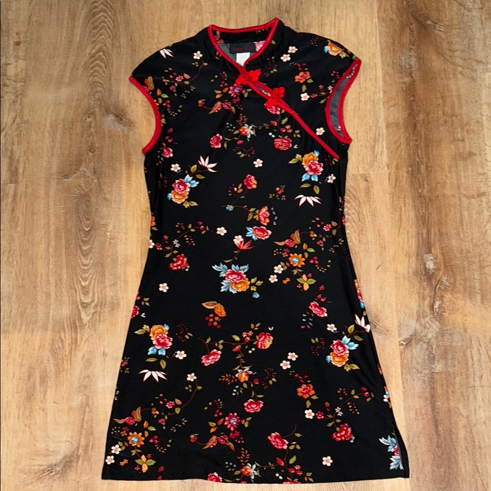 Oriental Floral Black Dress with Red Trim